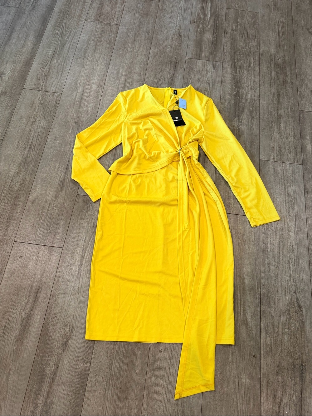 STYLEWE Bright Yellow Wrap Tie Long Sleeve Midi Dress